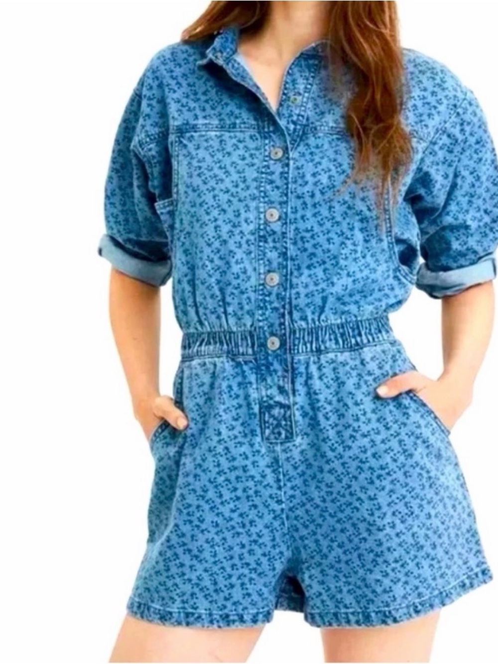 American Eagle Petite Large Denim Floral Romper